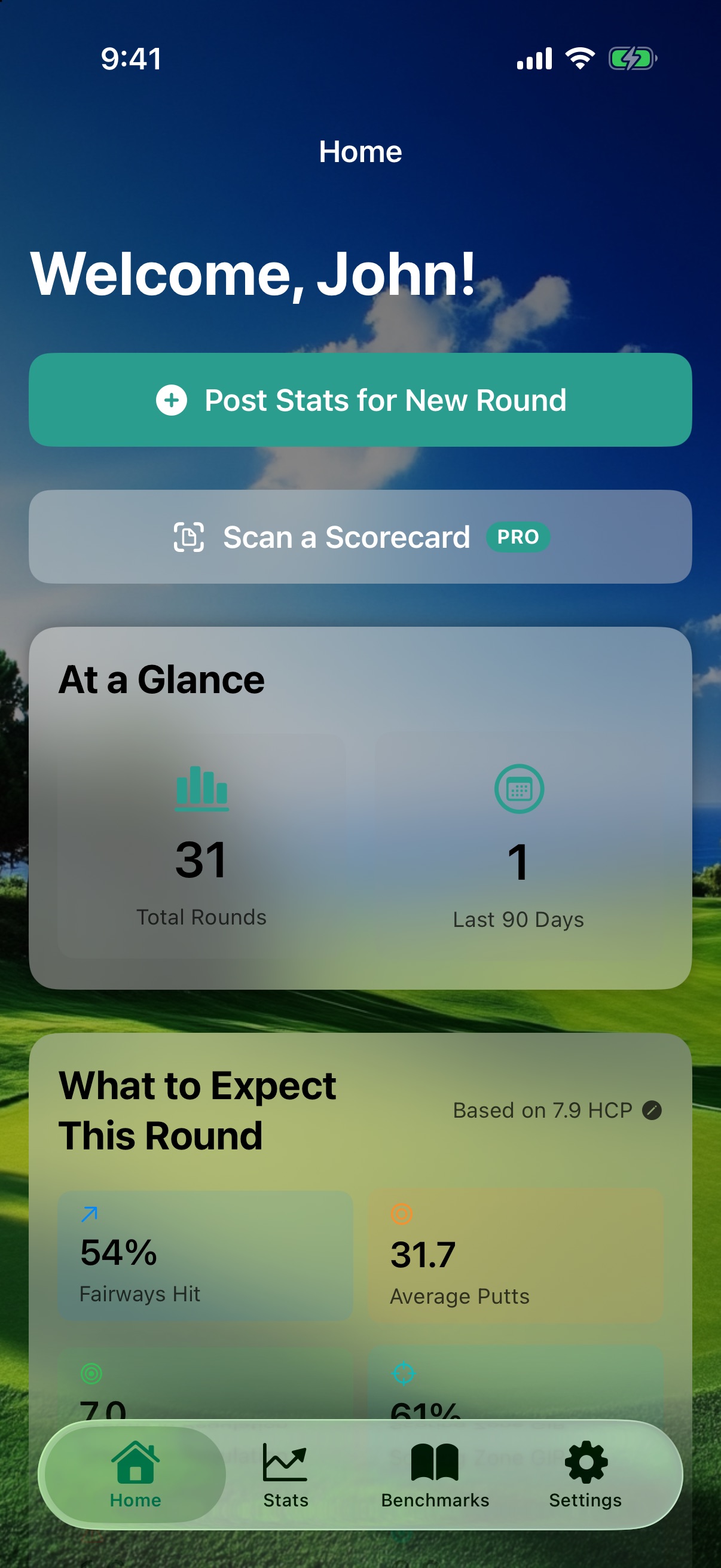 Simple Golf Stats app dashboard