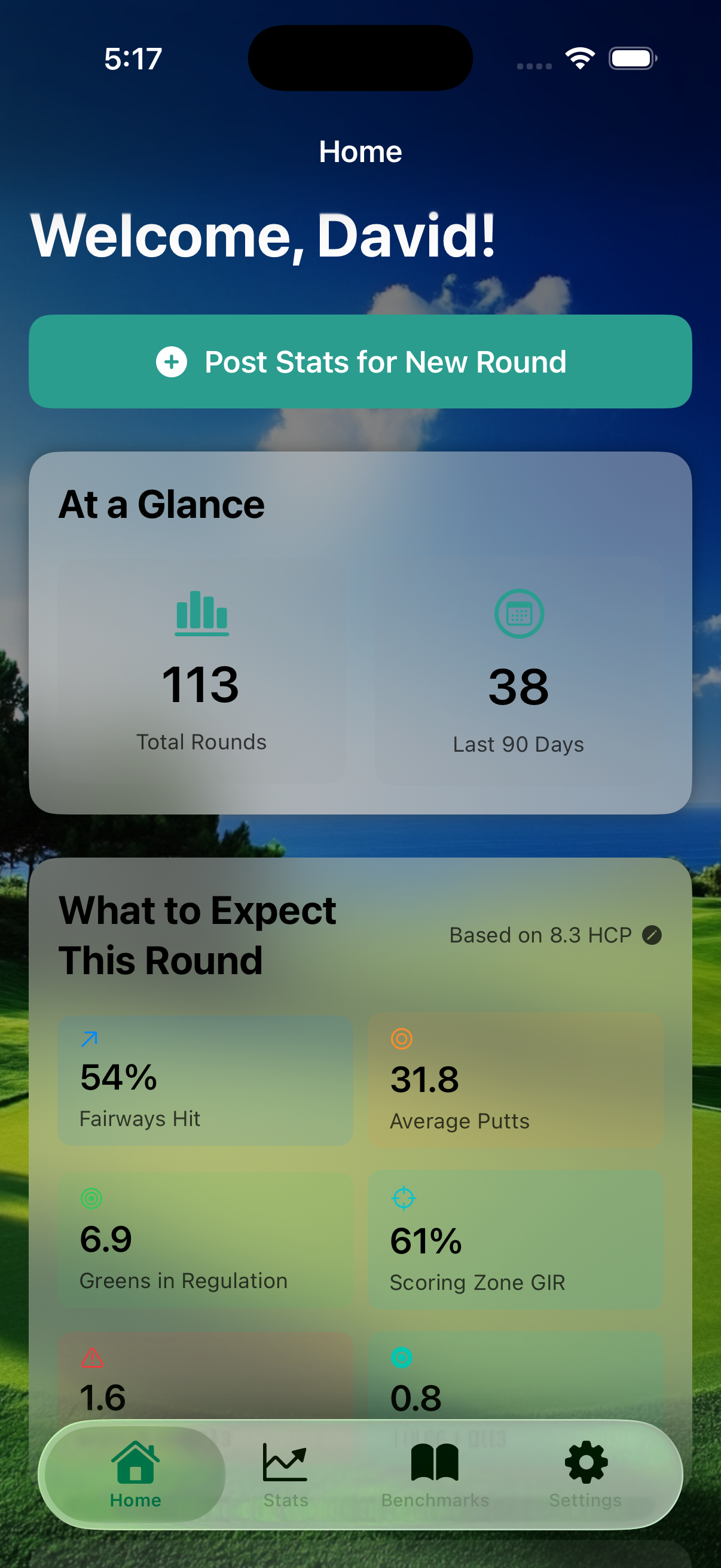 Simple Golf Stats app dashboard