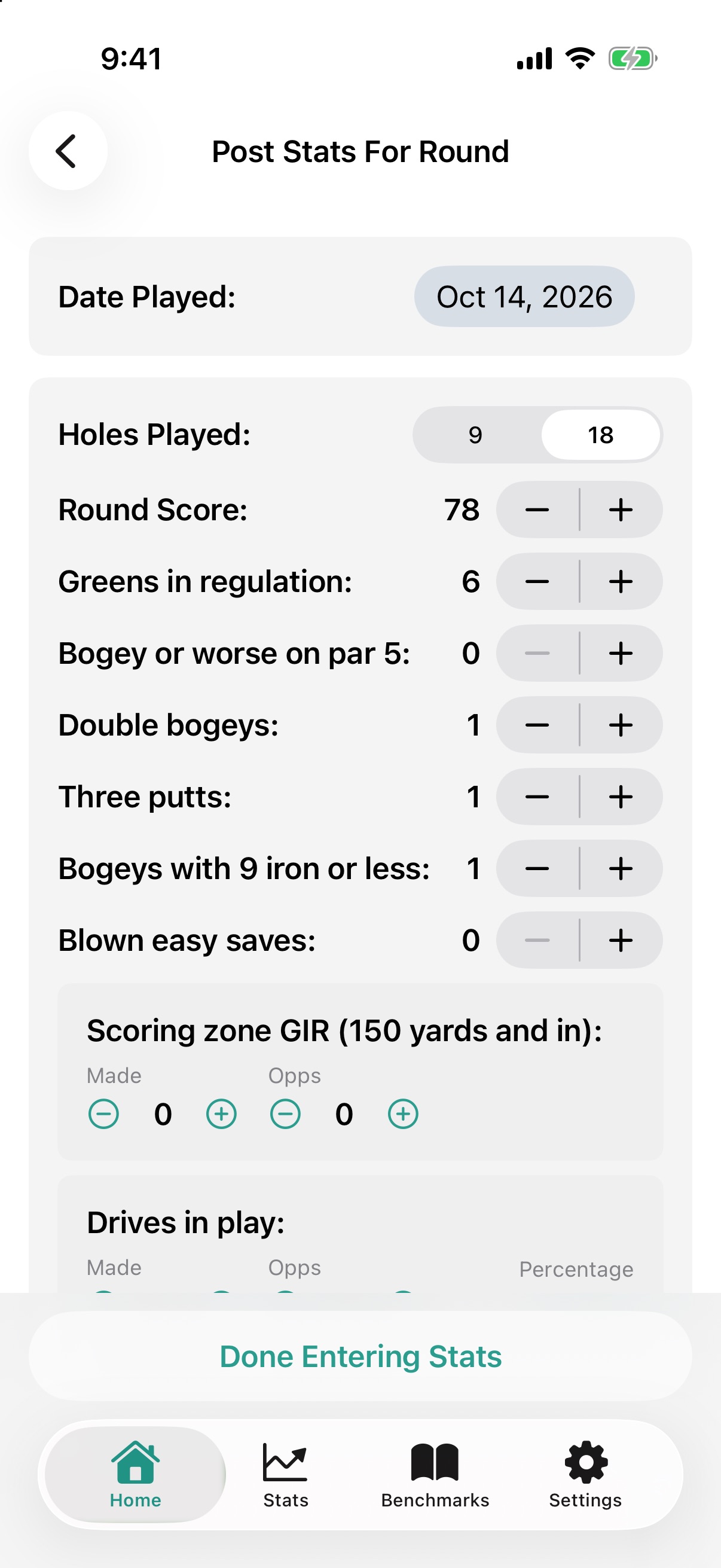 Simple Golf Stats round entry screen