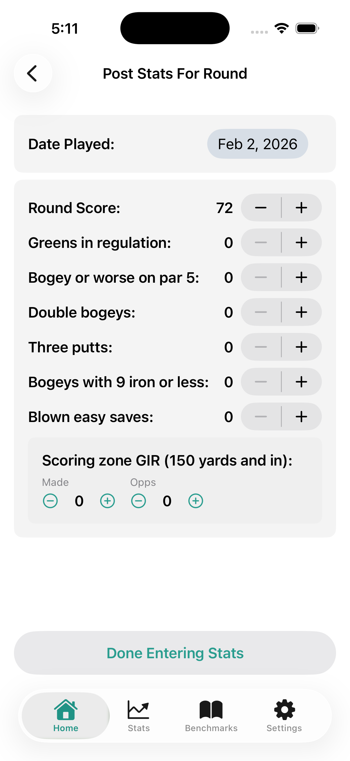 Simple Golf Stats round entry screen